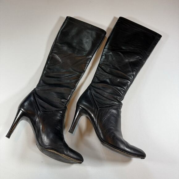 Cole Hann Vtg Leather Knee High Slouchy Almond Toe Heel Boots Black Wms Sz 7.5 - Picture 2 of 16